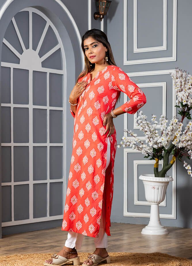 Peach Ethnic Motif Print Kurti