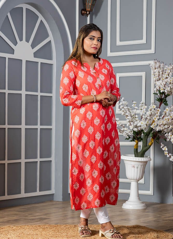 Peach Ethnic Motif Print Kurti
