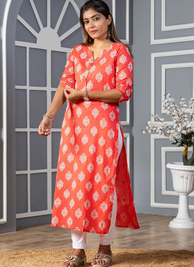 Peach Ethnic Motif Print Kurti