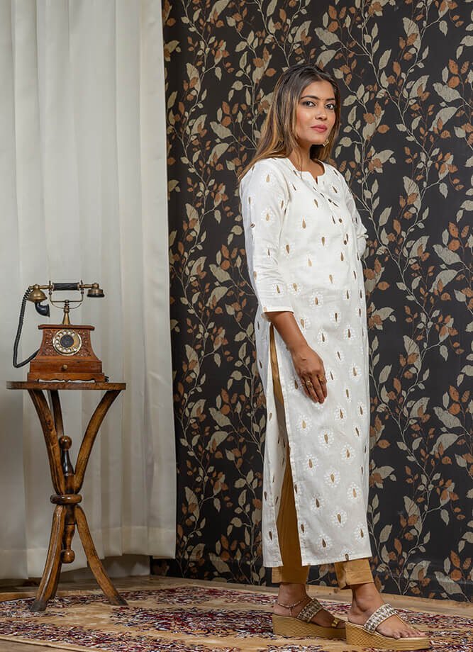 Off White Ethnic Motif Print Kurti