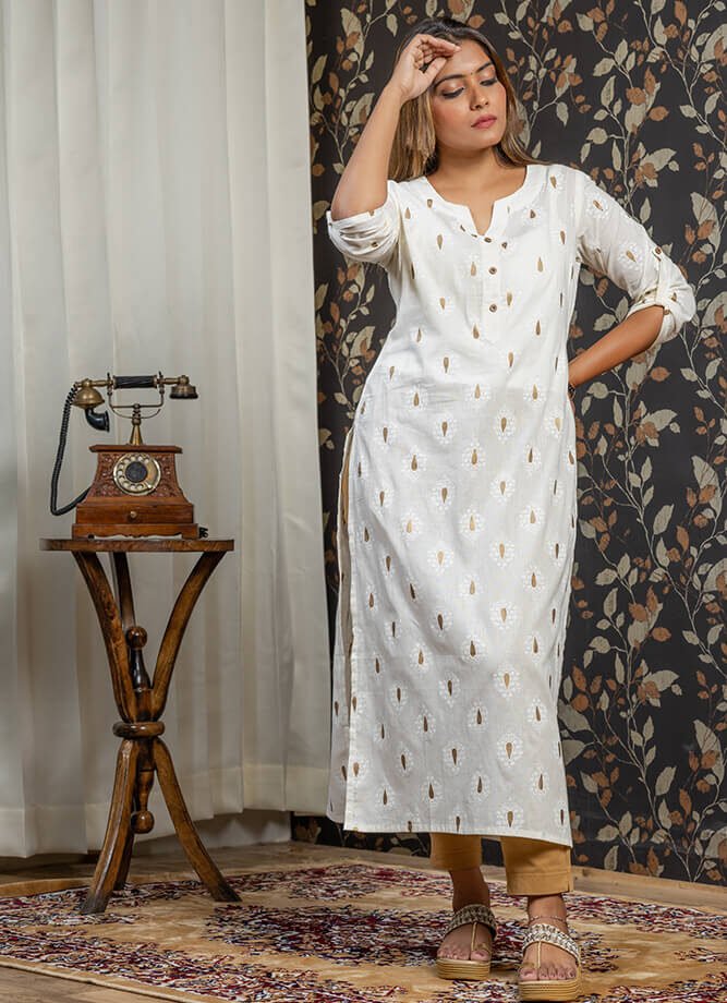 Off White Ethnic Motif Print Kurti