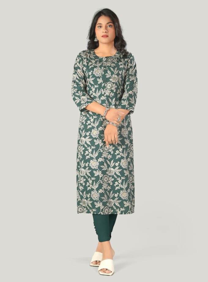Green Cotton Floral Print Kurti