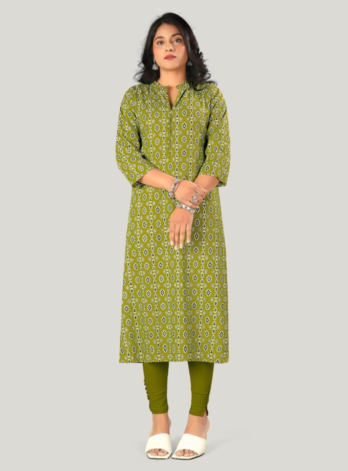 Olive Green Printed Straight-Cut Kurti