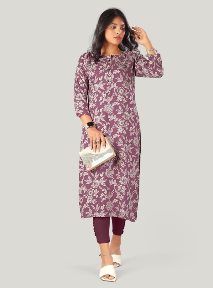 Wine Cotton Floral Print Kurti