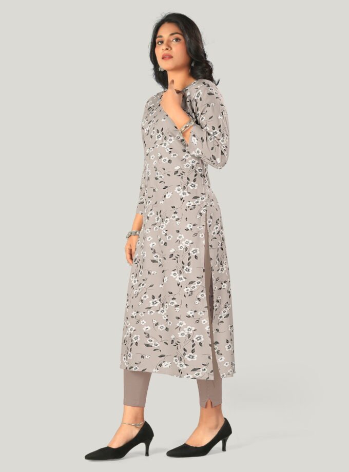 Grey Cotton Floral Print Kurti