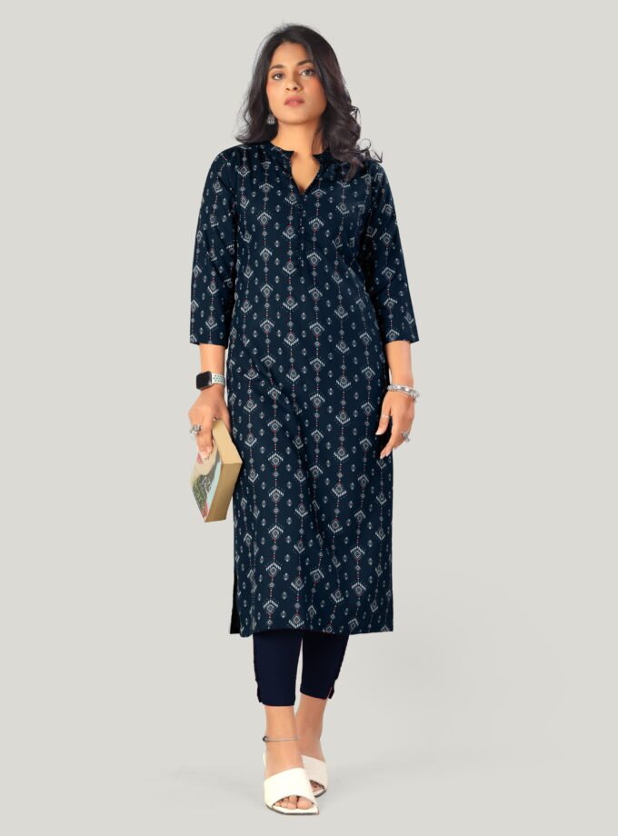 Navy Blue Printed Straight-Cut Kurti