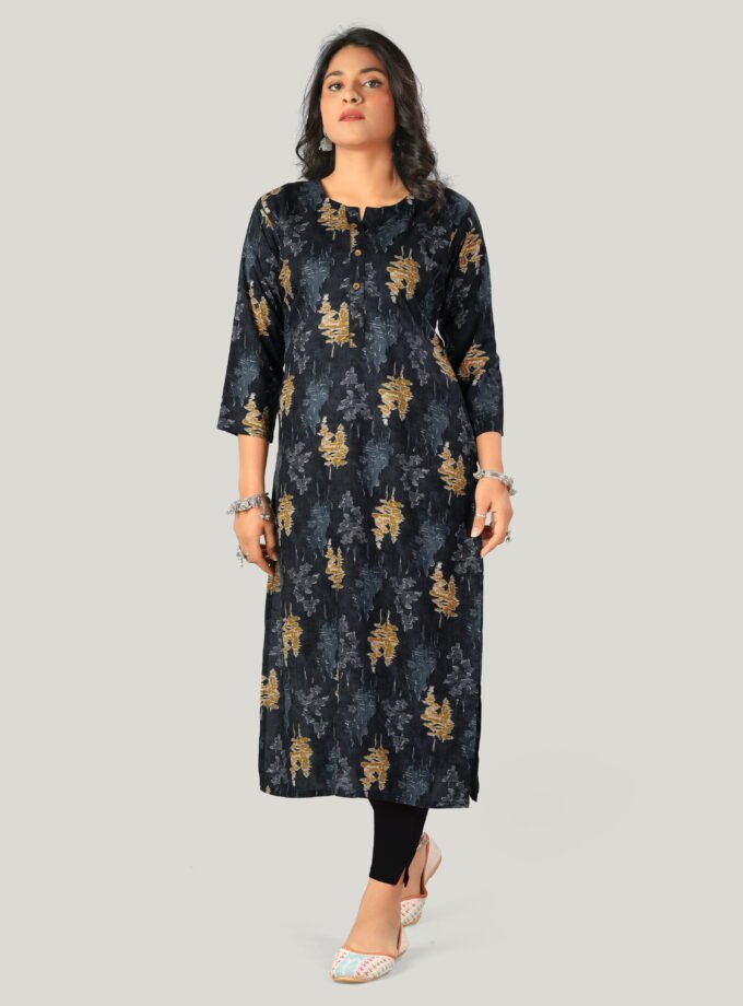Black & Mustard Ethnic Print Cotton Kurti