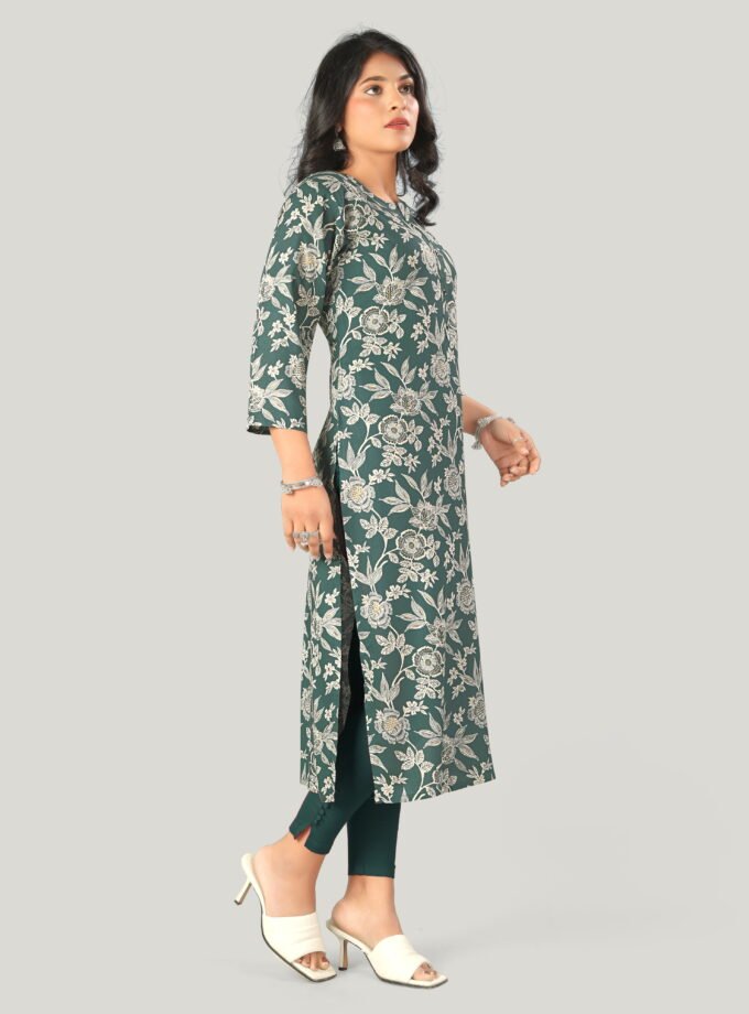 Green Cotton Floral Print Kurti