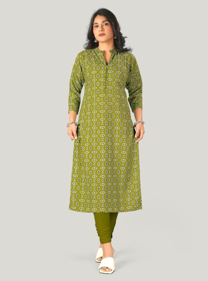 Olive Green Printed Straight-Cut Kurti