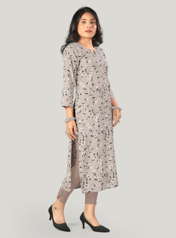 Grey Cotton Floral Print Kurti