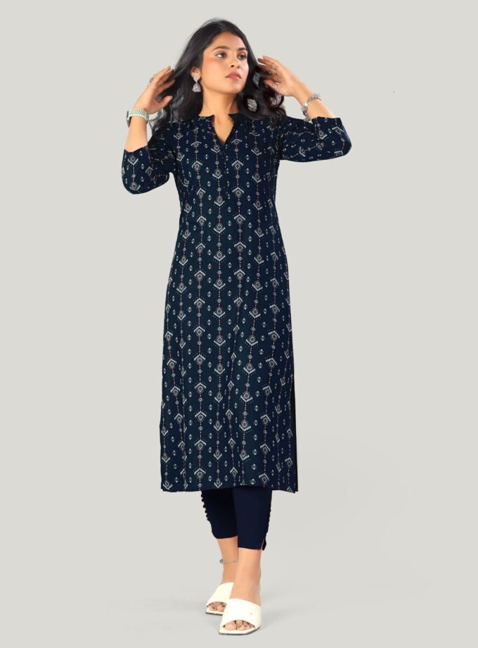 Navy Blue Printed Straight-Cut Kurti