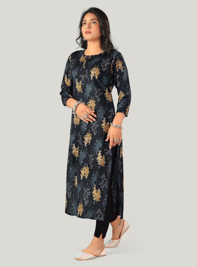 Black & Mustard Ethnic Print Cotton Kurti
