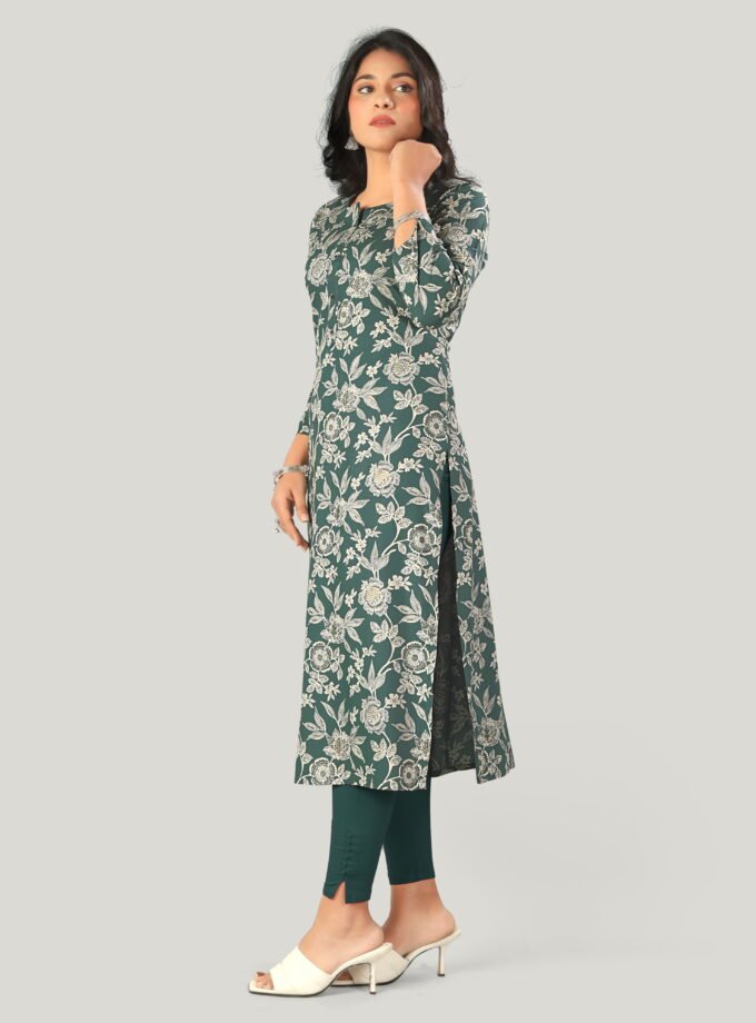 Green Cotton Floral Print Kurti