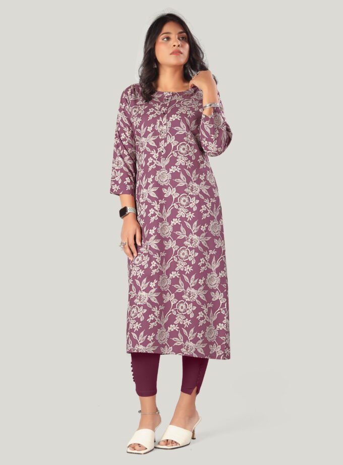 Wine Cotton Floral Print Kurti