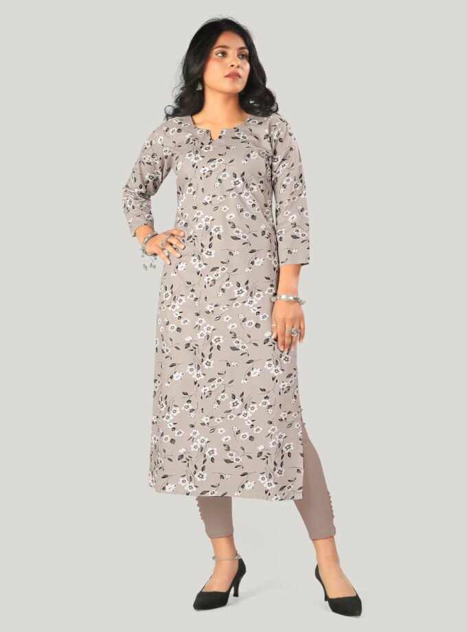 Grey Cotton Floral Print Kurti