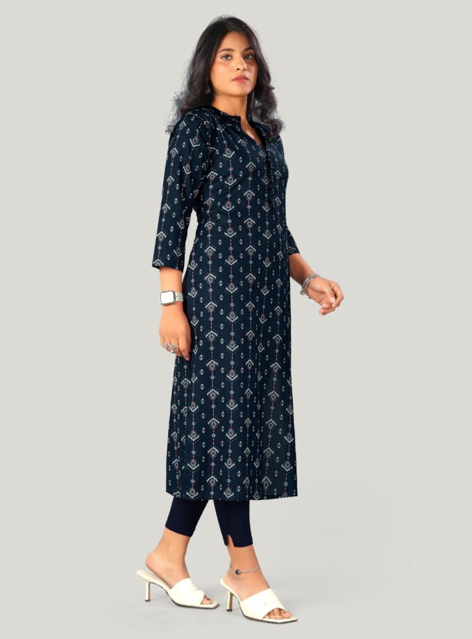 Navy Blue Printed Straight-Cut Kurti
