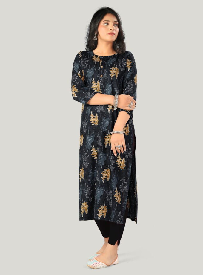 Black & Mustard Ethnic Print Cotton Kurti