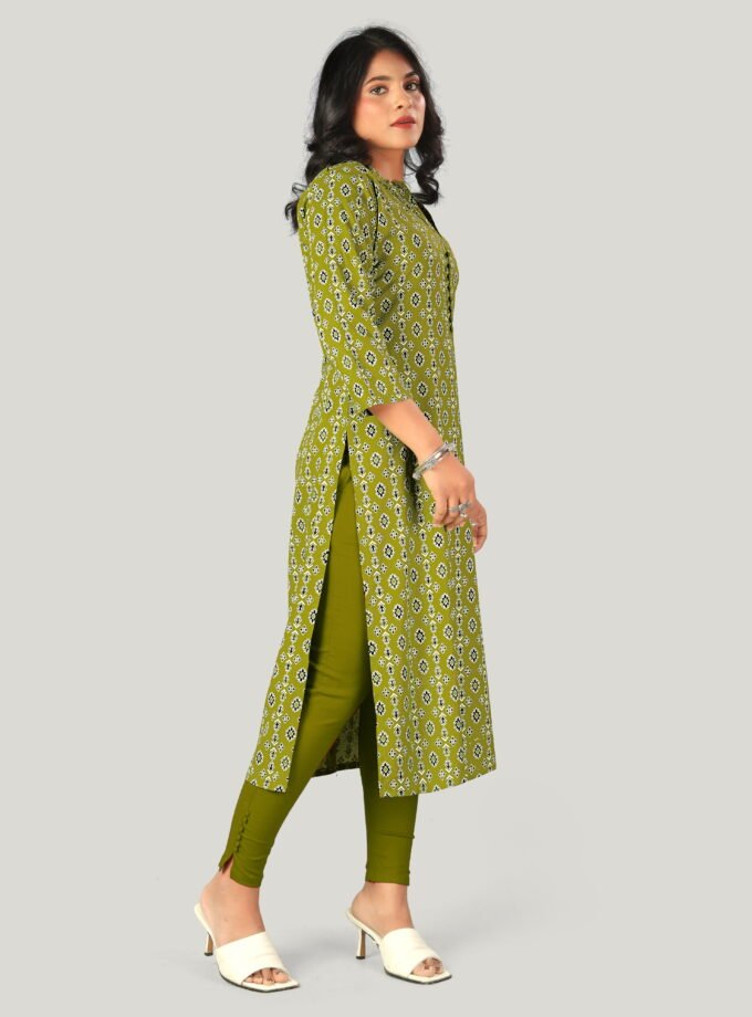 Olive Green Printed Straight-Cut Kurti