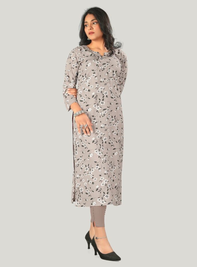 Grey Cotton Floral Print Kurti