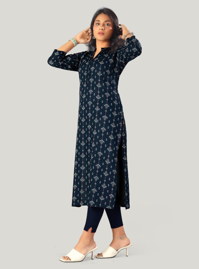 Navy Blue Printed Straight-Cut Kurti