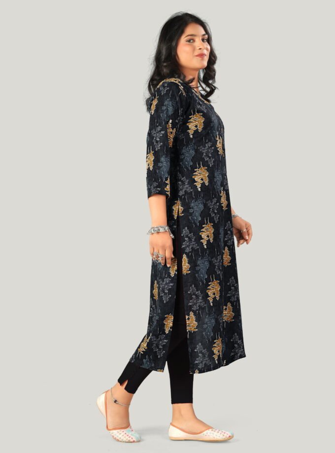 Black & Mustard Ethnic Print Cotton Kurti
