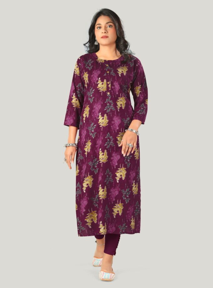 Maroon & Mustard Ethnic Print Cotton Kurti