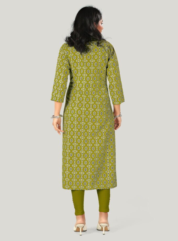 Olive Green Printed Straight-Cut Kurti