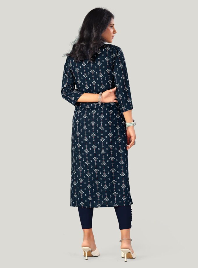 Navy Blue Printed Straight-Cut Kurti