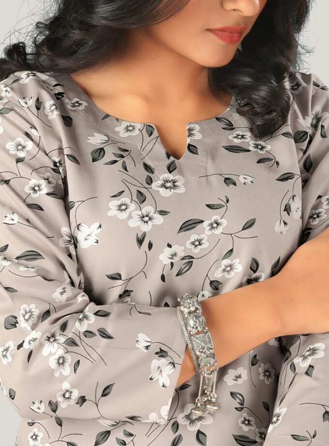 Grey Cotton Floral Print Kurti